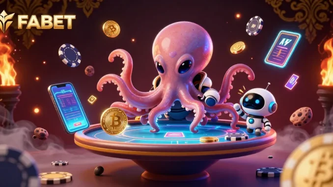 Engage with FABET's vibrant 3D casino scene featuring a playful alien octopus and dynamic crypto elements.