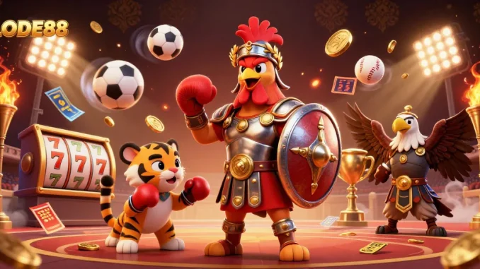 Engage with LODE88 through this dynamic illustration of a gladiator rooster in a vibrant casino scene.