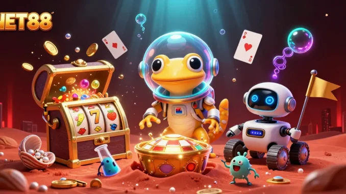 Experience the thrilling excitement at NET88 with a Martian gecko uncovering a golden casino.