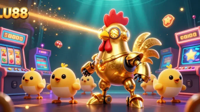 Engage in LU88's vibrant casino experience with a golden rooster robot and colorful game elements.
