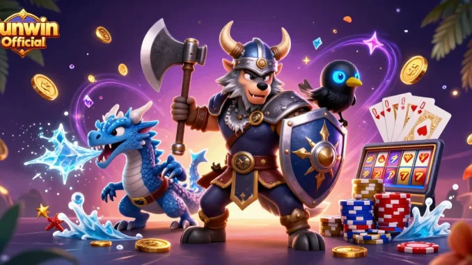 Experience Sunwin Official with a thrilling scene of Viking and dragon amidst sparkling casino action.