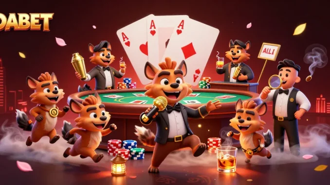 DABET showcases a 3D hyena casino scene with comedy, drinks, and poker excitement
