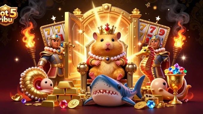 Engage with the thrilling slot 5 ribu experience featuring a golden hamster king on a shark tooth throne amidst treasures.