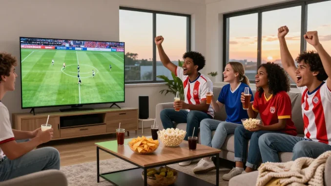 رابط مشاهدة مباريات اليوم بدون تقطيع, friends enjoying live football match in modern living room