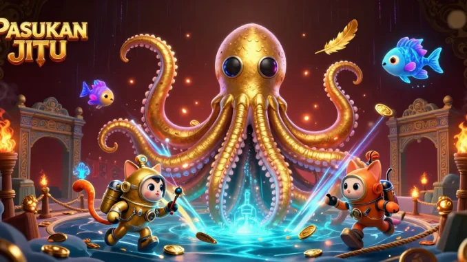 Engage with PASUKAN JITU as a colossal kraken and a diving cat explore a vibrant casino adventure.
