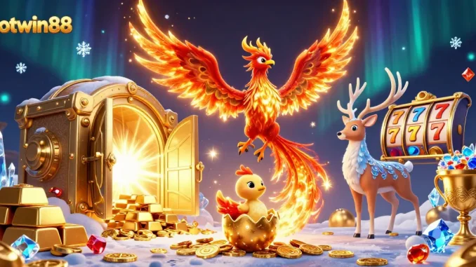 Spin to win with hotwin88 in a vibrant scene featuring a phoenix, treasure vaults, and rich casino elements.