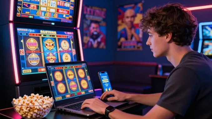Pengalaman mendebarkan di situs slot gacor dengan pemain muda yang berinteraksi dengan mesin slot digital.