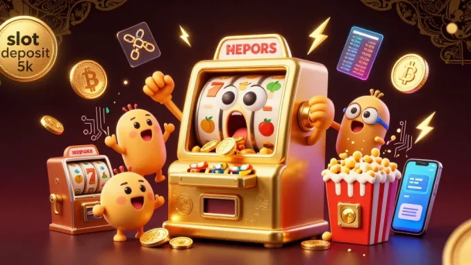 Join the excitement with slot deposit 5k as the golden slot machine celebrates a jackpot showering coins!