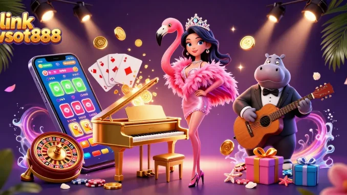 Pasang taruhan di link wslot888 dengan gambar kasino yang meriah dan pemain bahagia.