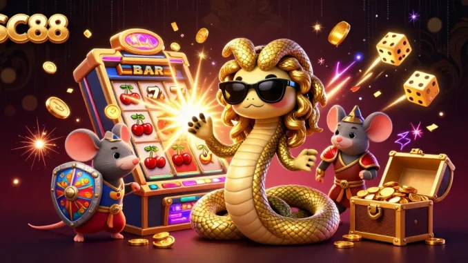 Spin the reels with SC88 in a vibrant casino scene featuring Medusa and a warrior mouse.