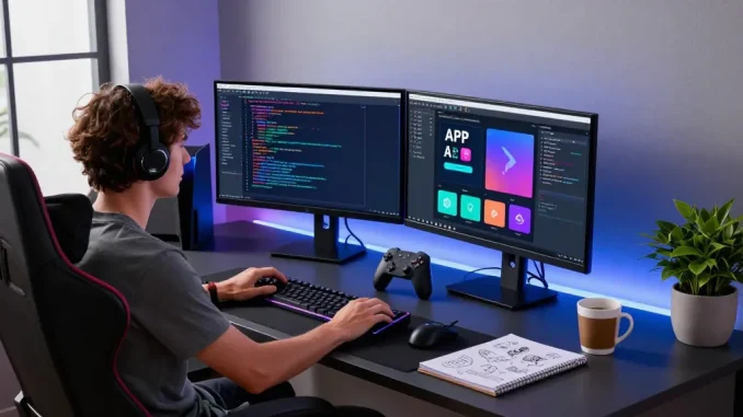 Dynamic tech workspace for slot7000 app development with vibrant coding screens and gaming equipment.