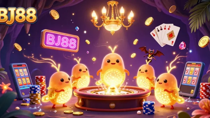 Experience thrilling gameplay at BJ88 with colorful casino elements and enchanting glowworms.