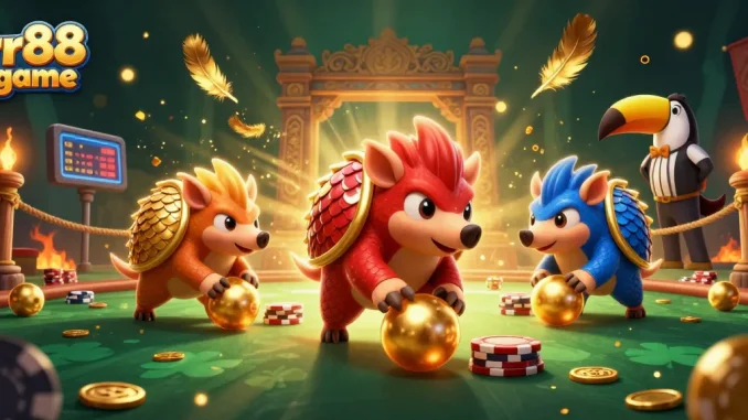 Engaging rr88 game scene with rival pangolins rolling through poker chips under golden scales confetti.