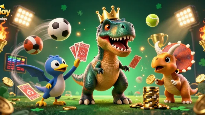 Engage in thrilling matches with play sbobet, featuring vibrant animation of a dinosaur and games.