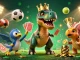 Engage in thrilling matches with play sbobet, featuring vibrant animation of a dinosaur and games.
