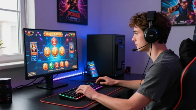 Exciting moment at a credit card casino with vibrant game graphics lighting up the player's screen and gaming setup.