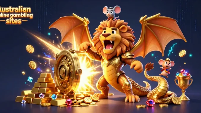 Experience thrilling action at Australian online gambling sites featuring a roaring chimera and treasure elements.