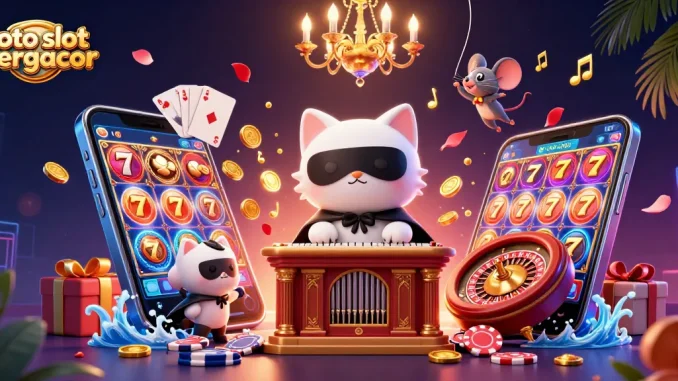 Engage in thrilling action at toto slot tergacor with vibrant casino-themed 3D illustration full of game elements.