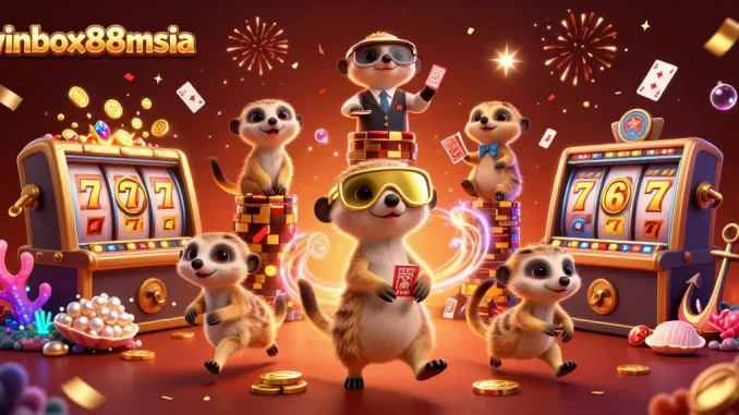 Experience thrilling gameplay at winbox88msia with meerkats managing an exciting casino scene.