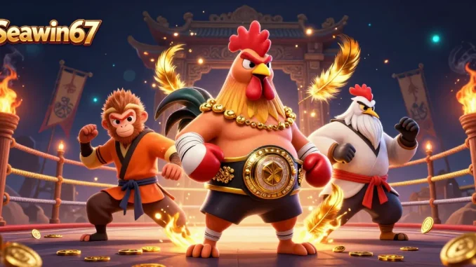 Seawin67 menghadirkan ilustrasi kasino dengan ayam Muay Thai dan kera Shaolin beraksi ceria.