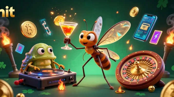 Hit the jackpot with a lively casino scene featuring animated characters and crypto elements.
