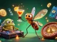 Hit the jackpot with a lively casino scene featuring animated characters and crypto elements.