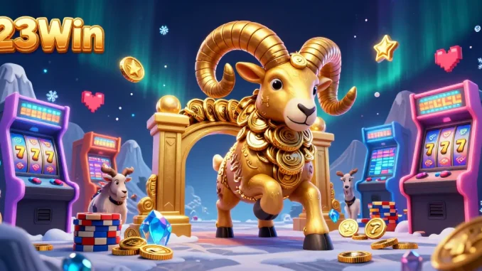 Experience exhilarating gameplay at 23Win with a dynamic 3D casino scene filled with detailed slot elements and vibrant characters.