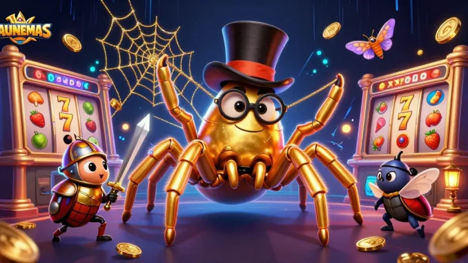 Experience DAUNEMAS in this dynamic casino scene with a tarantula, beetle knight, and vibrant game elements.