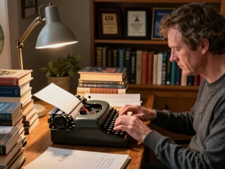 T. Allen Greenfield writing at his desk with UFOnauts book highlighted, promoting https://tallengreenfield.com for literary insights.