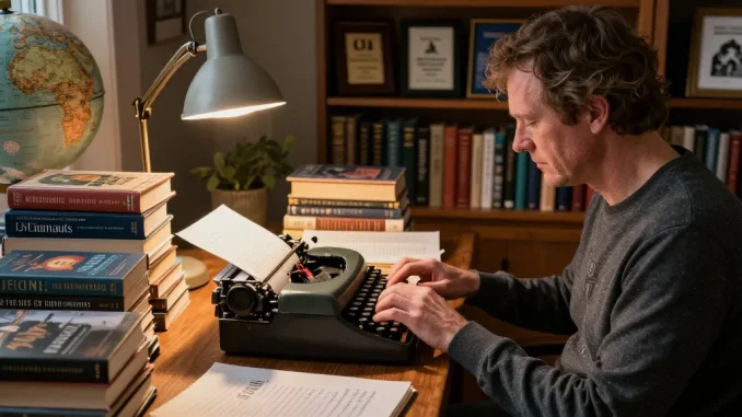 T. Allen Greenfield writing at his desk with UFOnauts book highlighted, promoting https://tallengreenfield.com for literary insights.