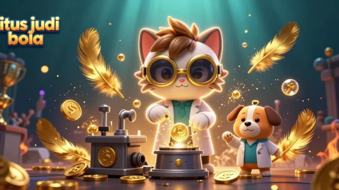 Win big in situs judi bola with our 3D cartoon scene featuring a scientist cat and dog in action.