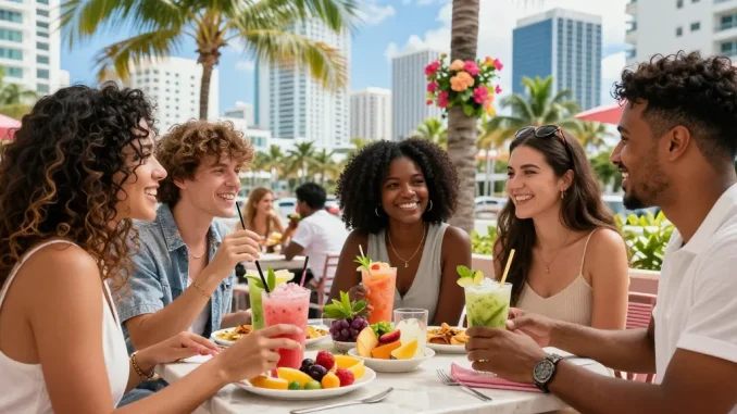 Teman-teman menikmati waktu di kafe luar ruangan di Miami, berbagi kebahagiaan dengan suasana cerah yang menggambarkan https://miami4d.com/.