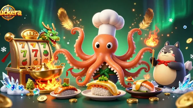Experience Luckera's thrilling atmosphere featuring a vibrant sushi chef octopus and dragon in a spectacular casino setting.
